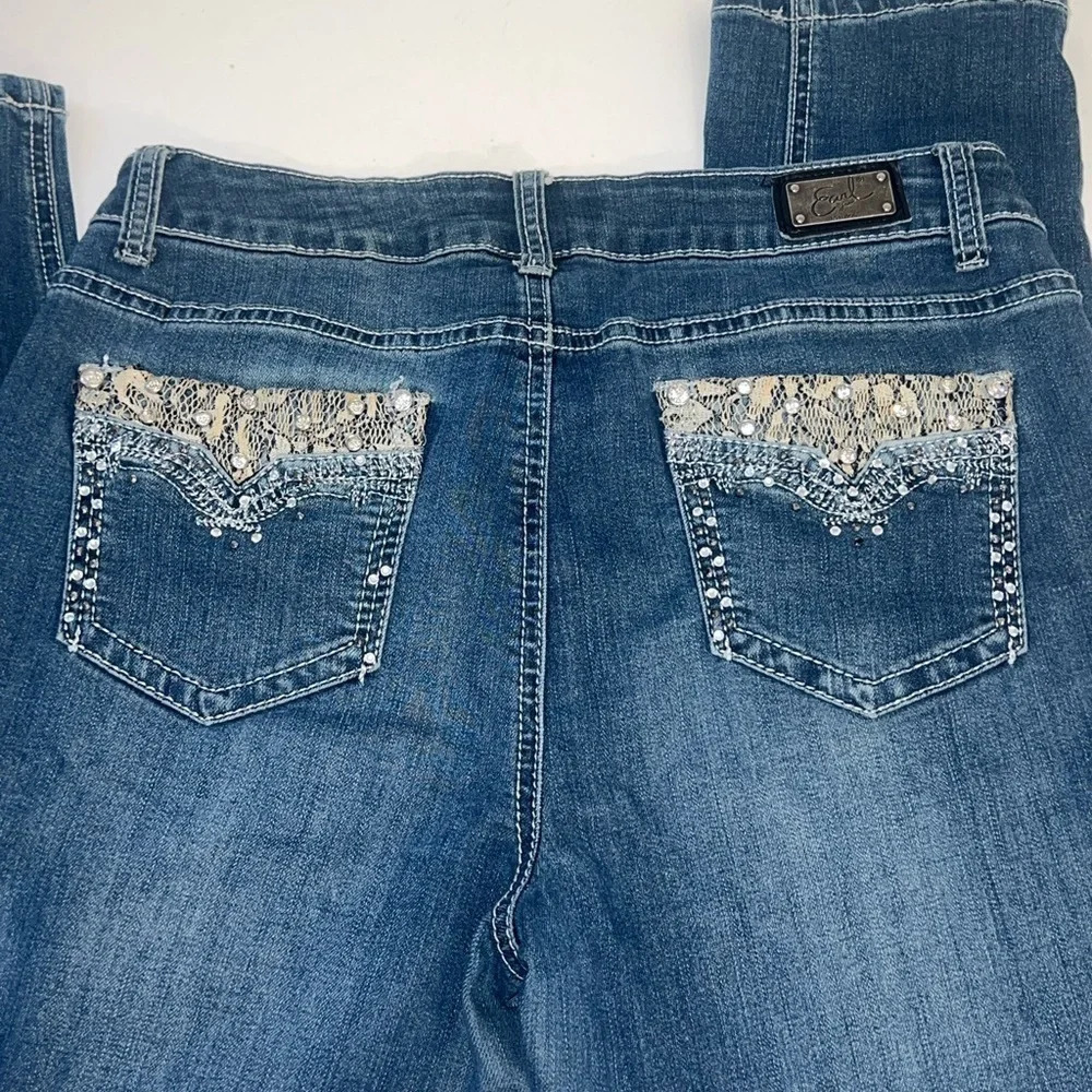 Earl Jeans, 8 mid rise skinny ankle. Embellished jeweled studs pockets